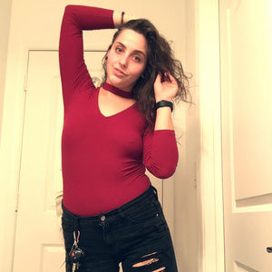 Burgundy red choker one piece leotard onesie M